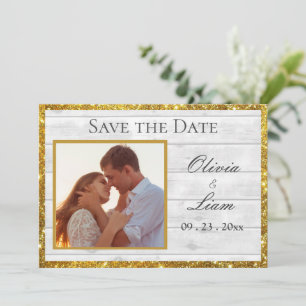 Photo Rustic White Wood Grain Gold Glitter Save The Date