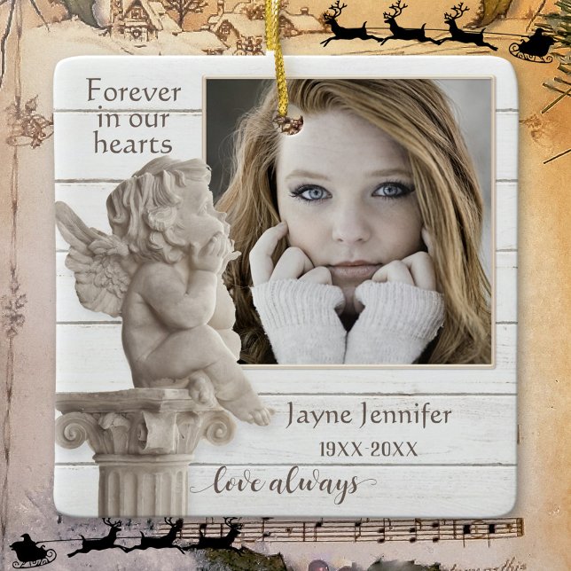 Photo Rustic White Wood Memorial Angel Ornament (Memorial ornament featuring your custom photo framed by a rustic white wood design with an angel)