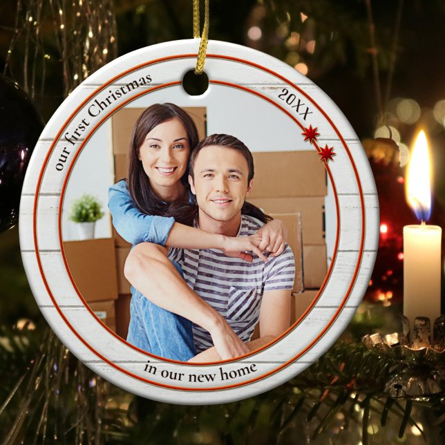 Photo Rustic White Wood New Home Ornament (Ornament featuring your photo framed by a rustic white wood design with red metallic lining and star)