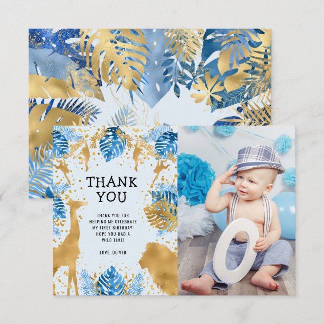 Photo Safari Blue 1st Birthday Thank You Card (Front/Back)