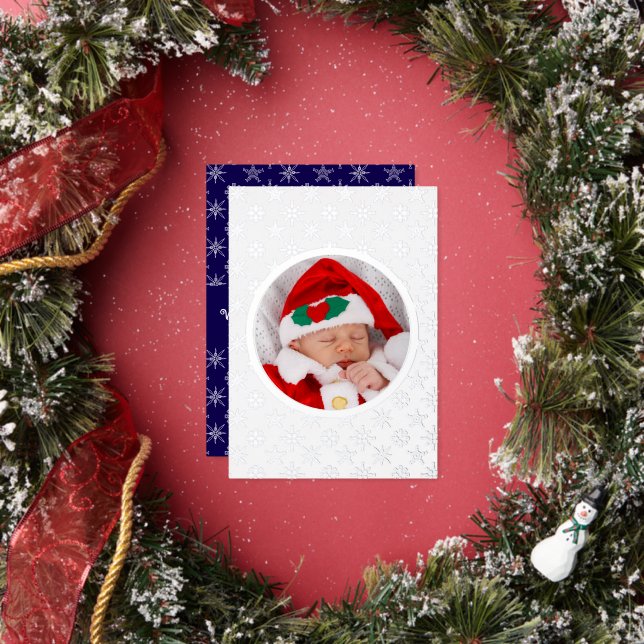 Photo Santa Baby Snowflakes White Silver Blue BKGD Foil Holiday Card (Insitu)