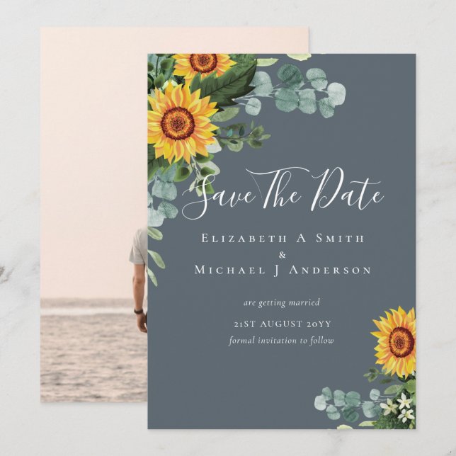 Photo Save Date Rustic SUNFLOWERS Greenery (Front/Back)