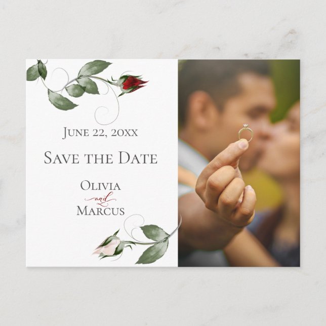 Photo Save the Date Blush Rosé and Cabernet Floral Postcard (Front)