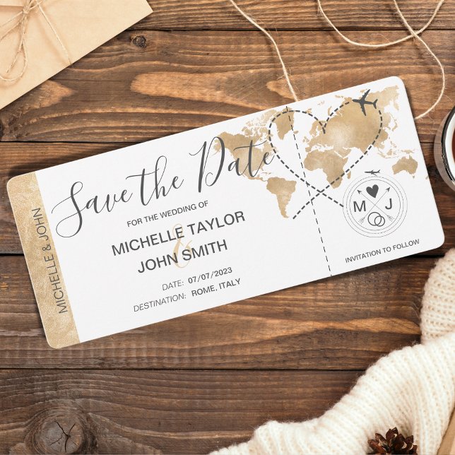Photo Save the Date Boarding Pass World Map Invitation (Creator Uploaded)