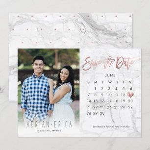 Photo Save the Date Calendar Marble Rose Gold Invitation