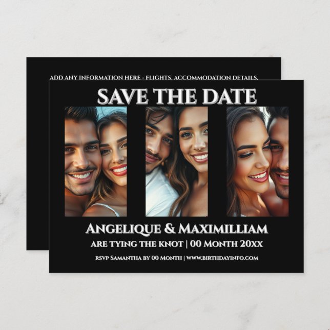 Photo save the date card elegant modern 3 pics (Front/Back)
