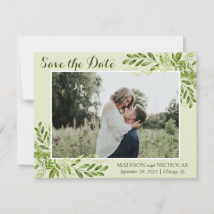Photo Save the Date Cards with Botanical Greenery