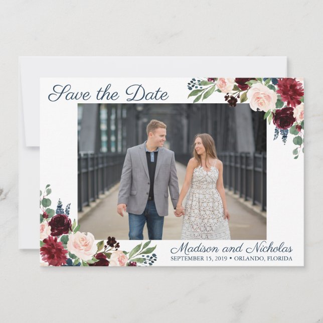 Photo Save the Date Cards with Navy Marsala Flower (Front)