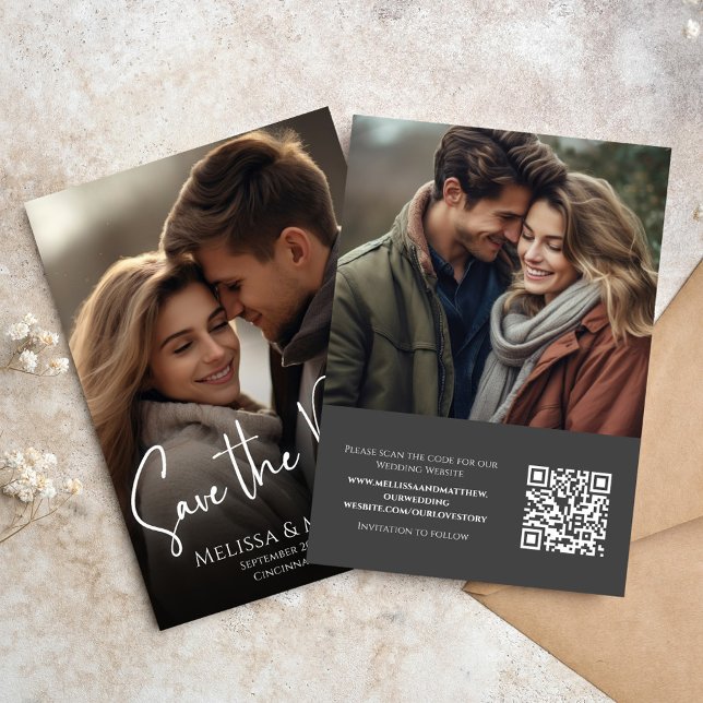 Photo Save the Date Elegant Classy Calligraphy (Wedding save the date photo card with QR code and a two photo template. )