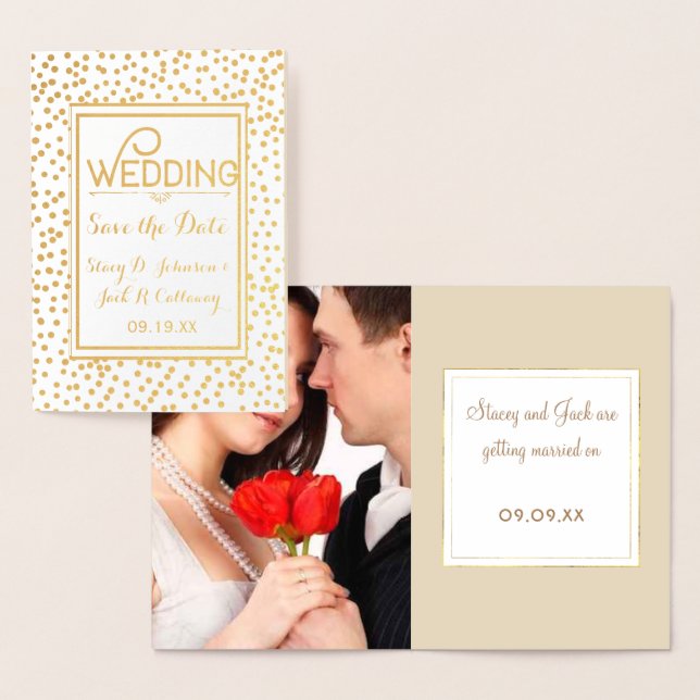 Photo Save the Date Gold Confetti Typography Foil Card (Display)