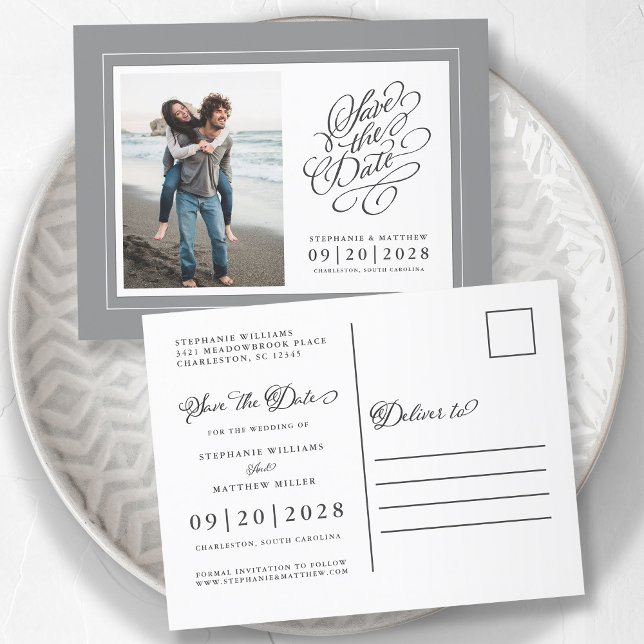 Photo Save The Date Grey & White Elegant Wedding Announcement Postcard (Creator Uploaded)