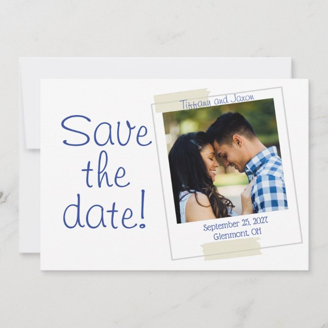 Photo Save the Date in Blue and White Invitation (Front)