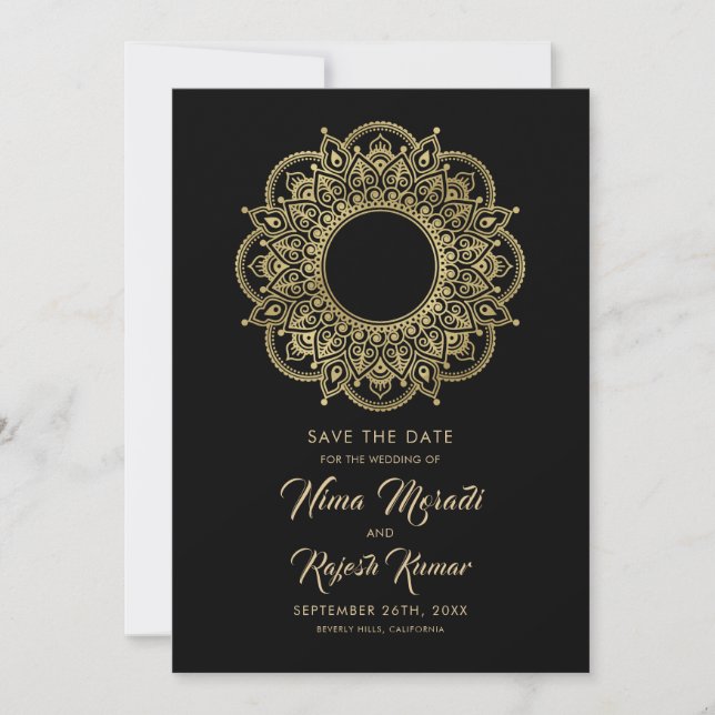 Photo Save The Date, Indian Wedding, Black, Gold Save The Date (Front)