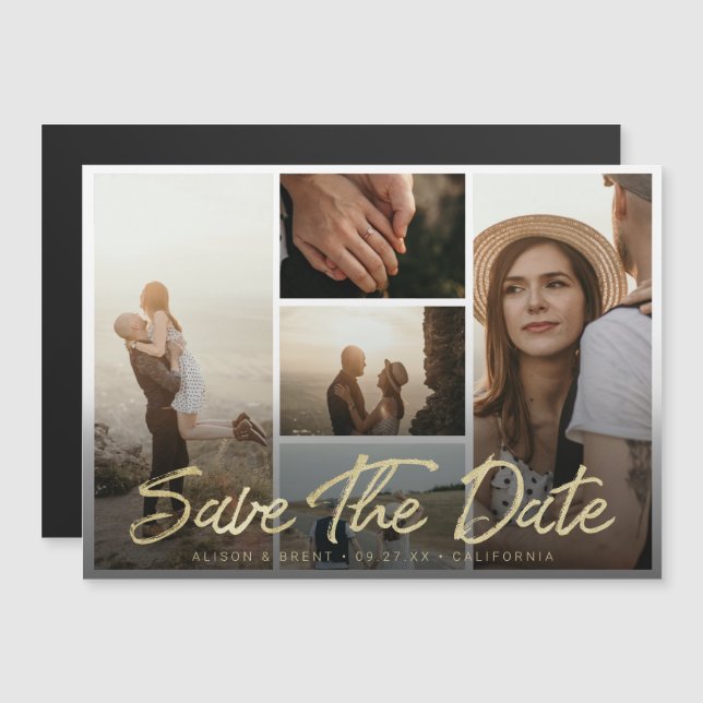 Photo Save the Date Modern Gold Script Typography Magnetic Invitation (Front/Back)
