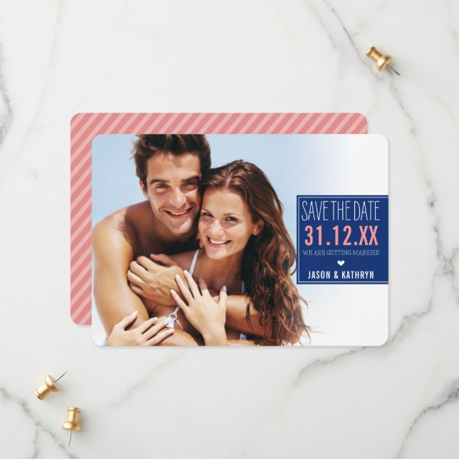 PHOTO SAVE THE DATE ombre bande angée marine corai (Devant/Arrière en situation)