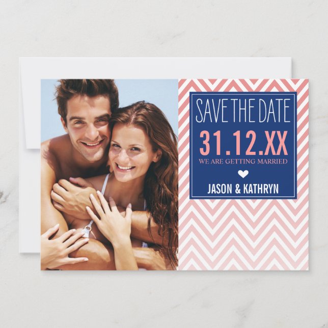 PHOTO SAVE THE DATE ombre chevron coral navy blue Invitation (Front)