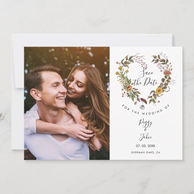 Photo Save the Date Script Floral Heart Garland (Front)
