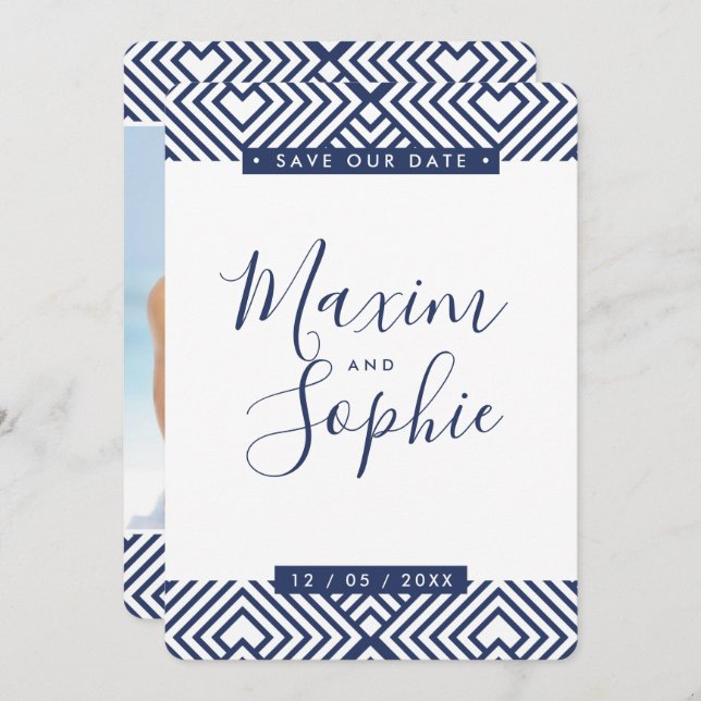 PHOTO SAVE THE DATE simple GEO modern wedding navy Invitation (Front/Back)