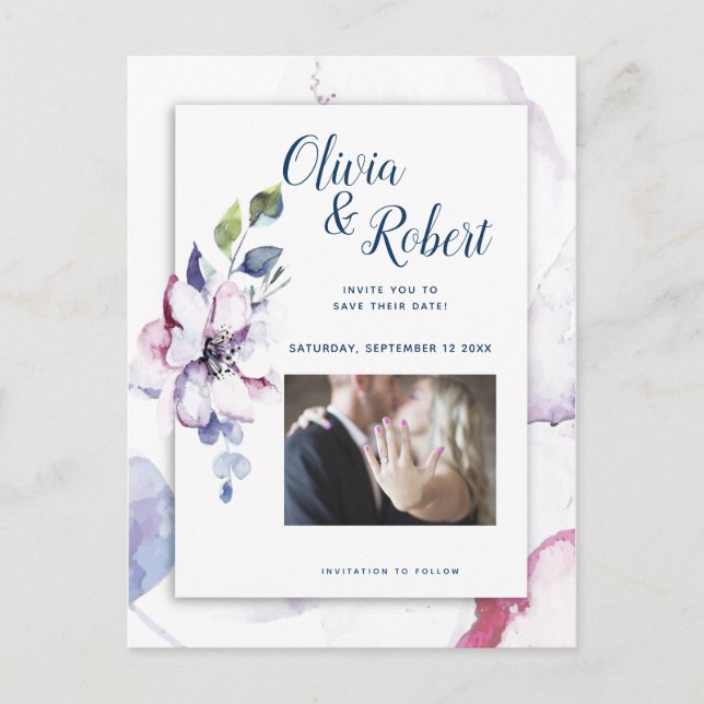 Photo Save the Date Watercolor Apple Blossoms Postcard (Front)