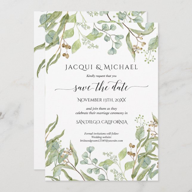 Photo Save the Date Watercolor Eucalyptus Greenery Invitation (Front/Back)