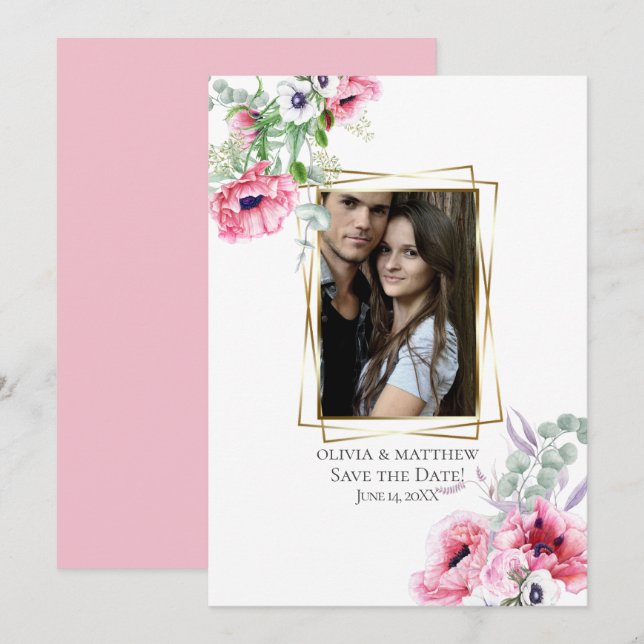PHOTO SAVE THE DATE |  Watercolor Pink Poppy Invitation (Front/Back)