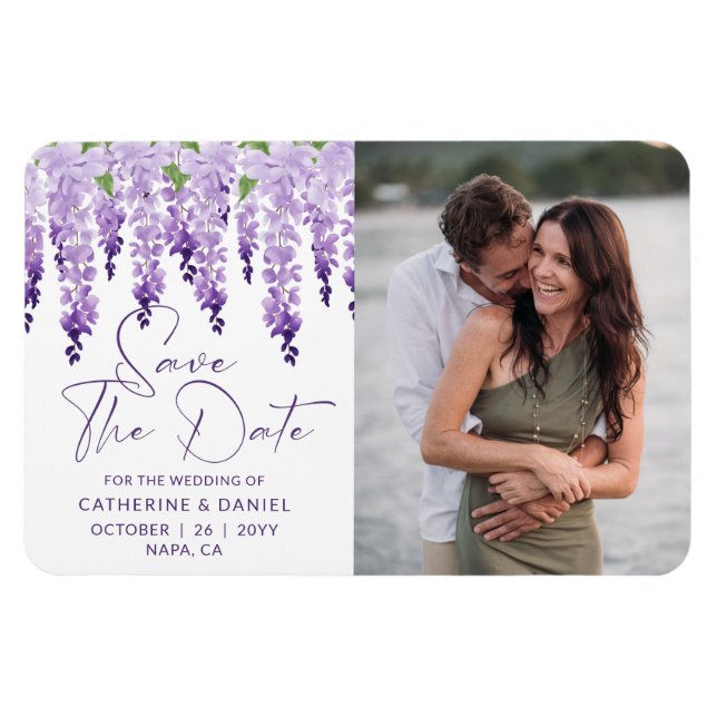 Photo Save The Date Watercolor Wisteria Wedding Magnet (Horizontal)