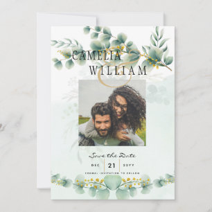 Photo Save the Dates Eucaluptus Gold Modern Invitation