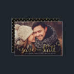 Photo Save the Dates with Faux Gold Foil Script Save The Date<br><div class="desc">These photo save the dates feature charming hand-lettered calligraphy in a faux gold foil effect. Overlaid on your photo with a black fade at the bottom (you can remove this if you don't need it via Zazzle's customize/personalize tool). A cute polka dot background finishes off the design!</div>