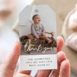 Photo Script Boy Thank You Gift Tags<br><div class="desc">A modern Birthday thank you tag, featuring your own photo along with 'thank You' in a script font along with your own message underneath. Perfect for adding to favour bags to thank guests for coming to celebrate your little one's Birthday!</div>