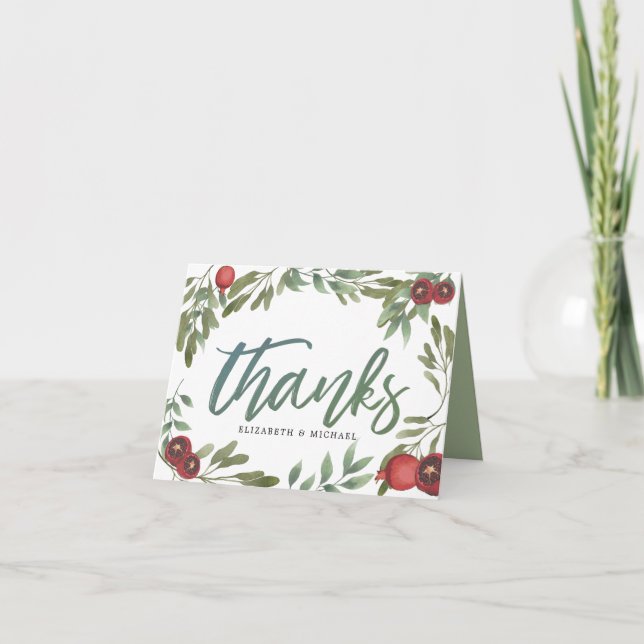 Photo Script  Burgundy Modern Pomegranate Wedding Note Card (Front)