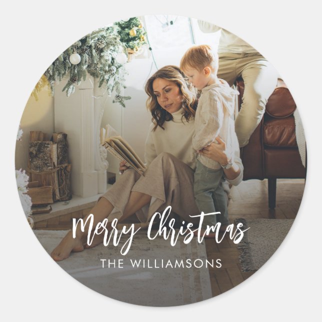 Photo Script Modern Christmas Holiday Classic Round Sticker (Front)