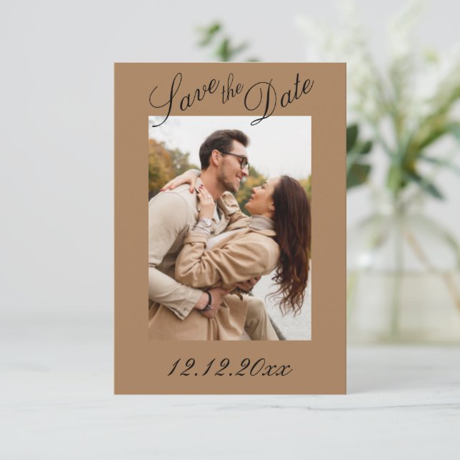 Photo Script Modern Stripe Neutral Save the Date (Standing Front)