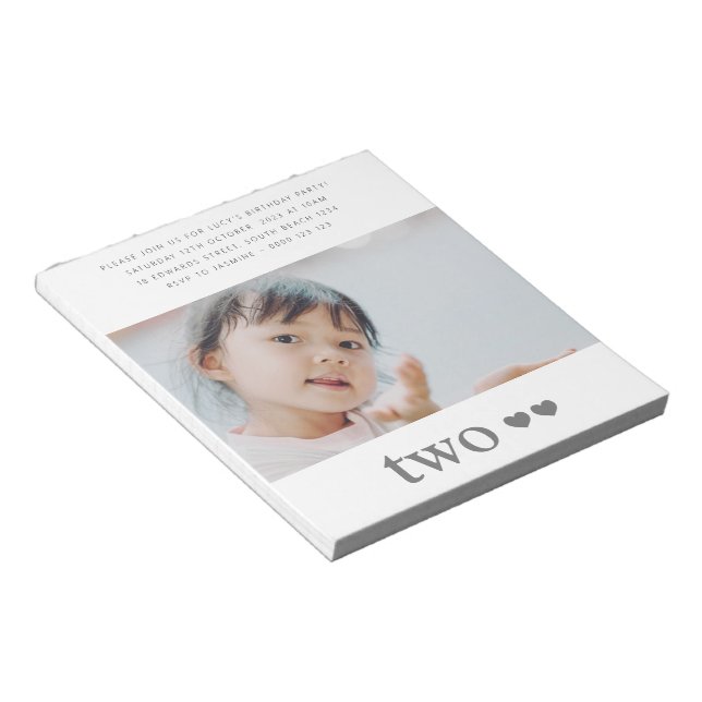 Photo Second Birthday Party Heart Invitation Notepad (Angled)