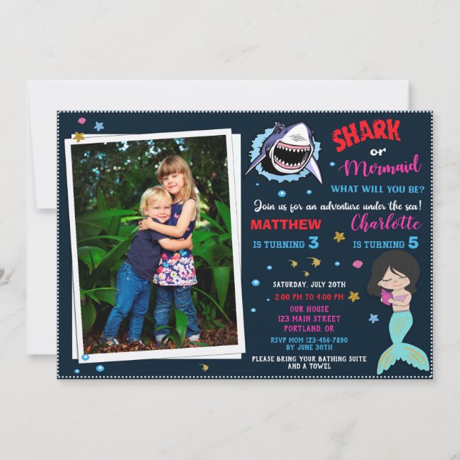 Photo Shark Mermaid birthday invitation Pool party (Front)