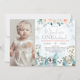 Photo Silver Animlas Winter Onederland Birthday Invitation