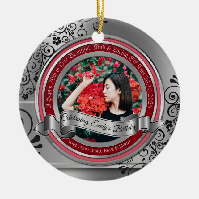 Photo Silver Black Flourish Elegant Banner Red Ceramic Ornament (Front)