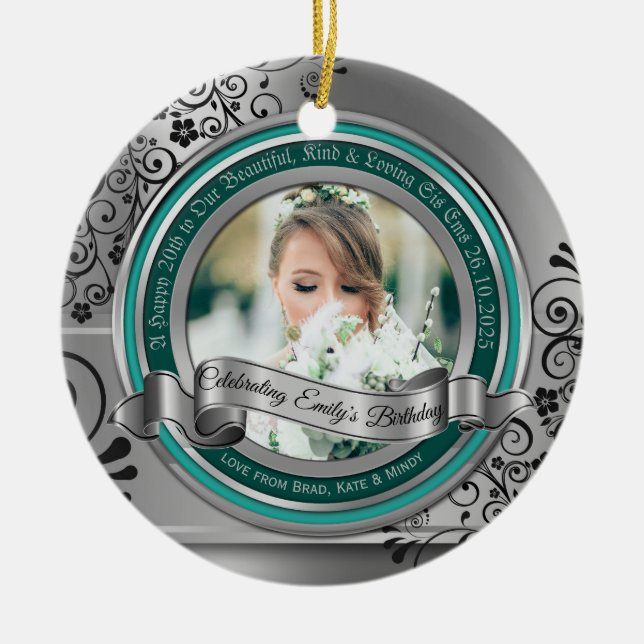 Photo Silver Flourish Elegant Banner Turquoise Ceramic Ornament (Front)