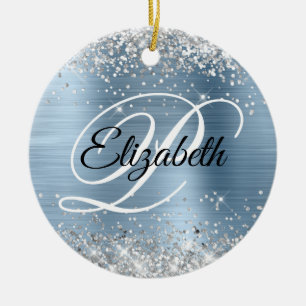 Photo Silver Glitter Light Blue Foil Monogram Ceramic Ornament