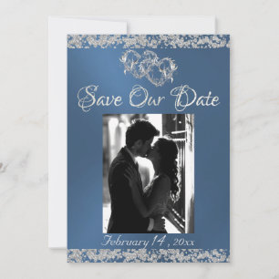 Photo, Silver Hearts & Glitter - Blue Save The Date