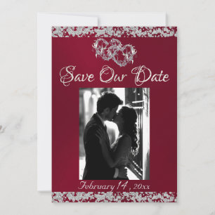 Photo, Silver Hearts & Glitter - Burgundy Save The Date