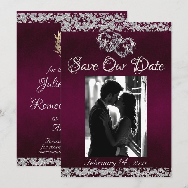 Photo, Silver Hearts & Glitter - Purple Save The Date (Front/Back)