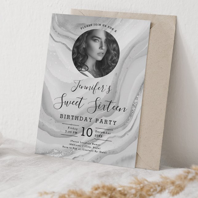 PHOTO Silver Marble Glitter Sweet 16 Party Invitation (PHOTO Silver Marble Glitter Sweet 16 Party Invitation)