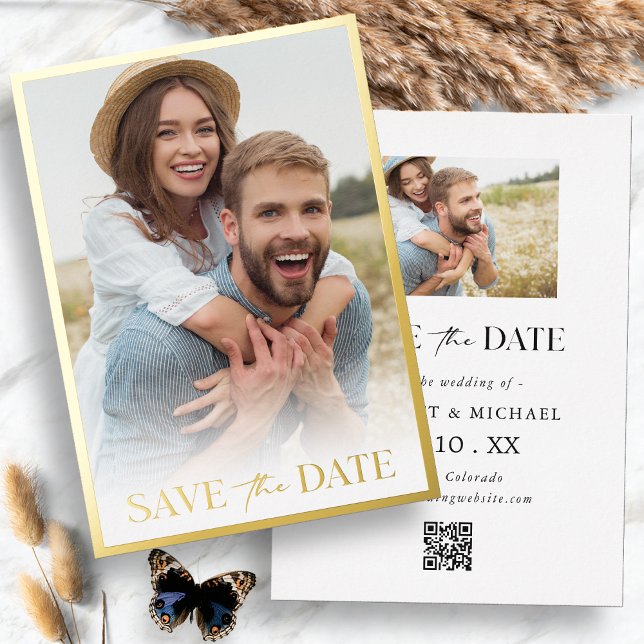 Photo Simple Save The Date (Photo Simple Modern Gold Frame Save The Date Foil Invitation QR Code by Painted Paperie
)