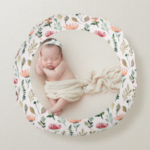 Photo & Simple White Text Unique Modern Keepsake  Round Pillow