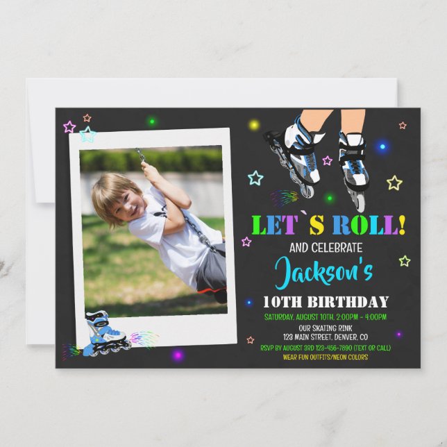 Photo skating birthday invitation Roller party (Front)