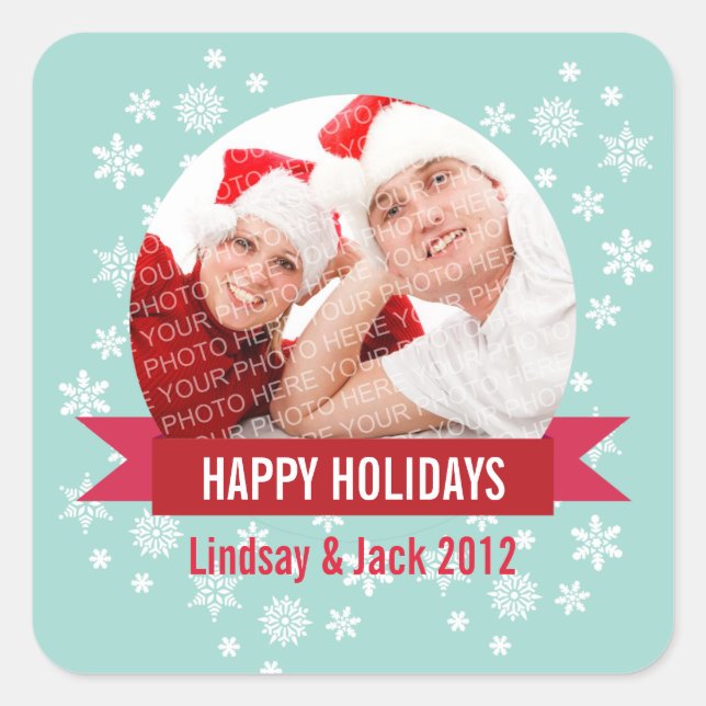 Photo snow globe red banner happy holidays sticker (Front)