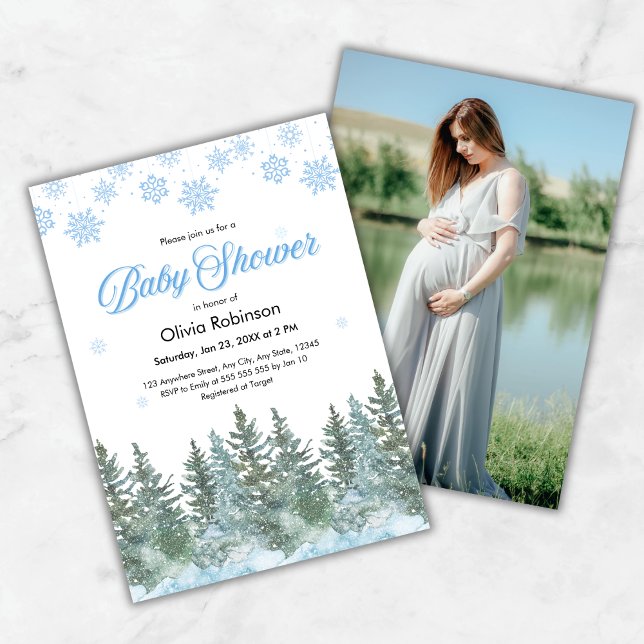 Photo Snowflakes Pine Trees Winter Baby Shower Invitation (Photo Snowflakes Pine Trees Winter Baby Shower Invitation )