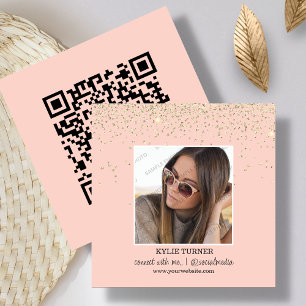 Photo Social Media Peach Glitter QR Code Square Business Card