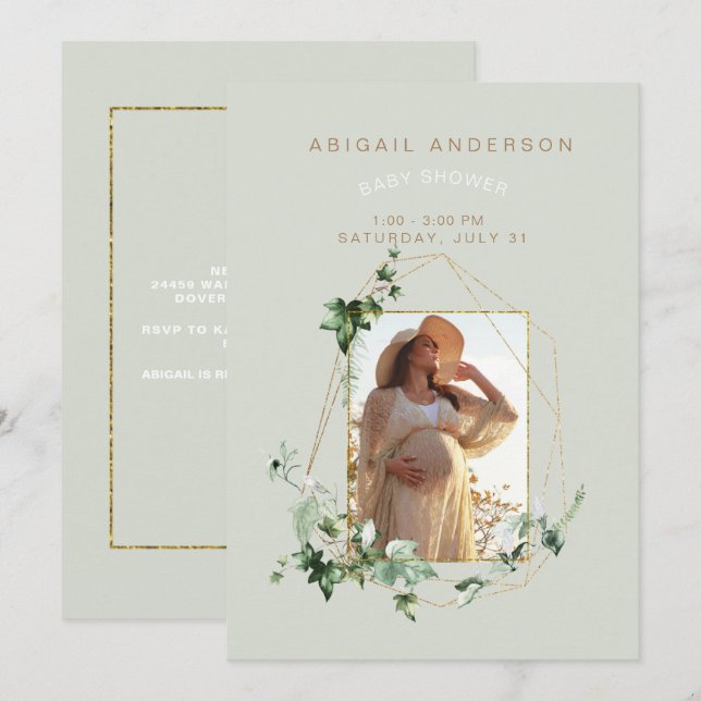 Photo Soft Mint Foliage Baby shower Invitation (Devant / Derrière)