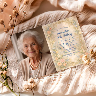 Photo Soft Pastel Baroque Floral 90th Birthday Invitation